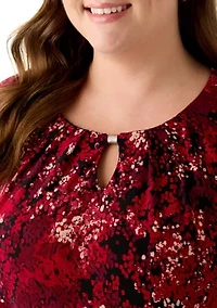 Plus 3/4 Sleeve Pleated Top with Trim