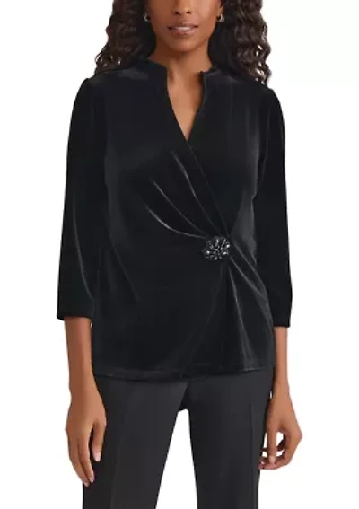 Women's 3/4 Sleeve Velvet Wrap Top with Embellishment