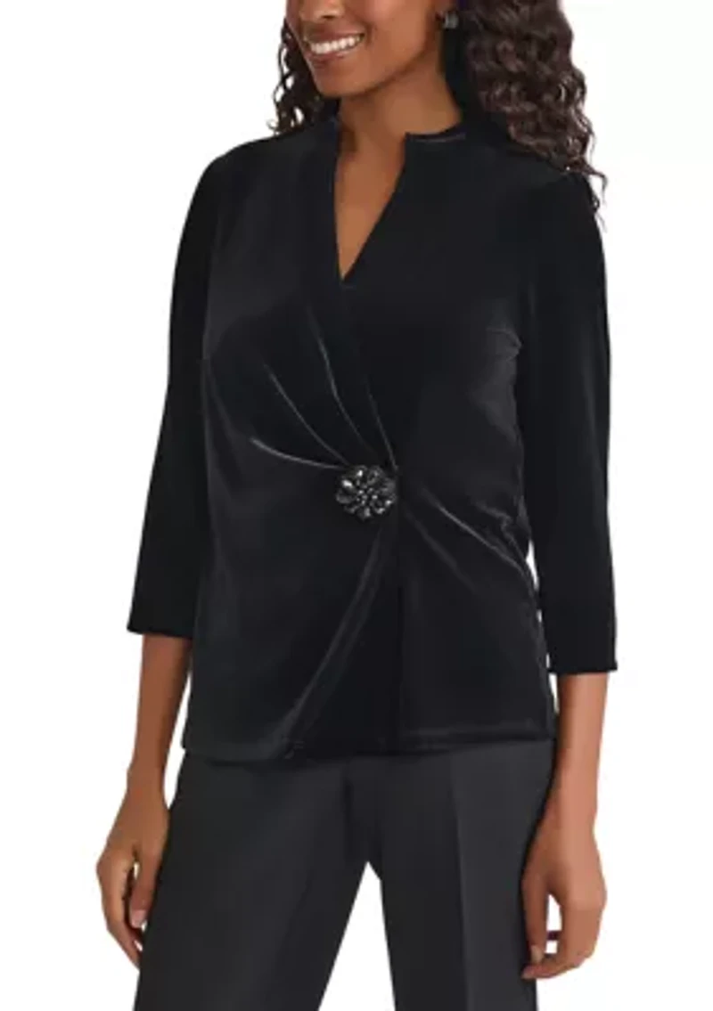 Women's 3/4 Sleeve Velvet Wrap Top with Embellishment