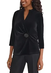 Women's 3/4 Sleeve Velvet Wrap Top with Embellishment