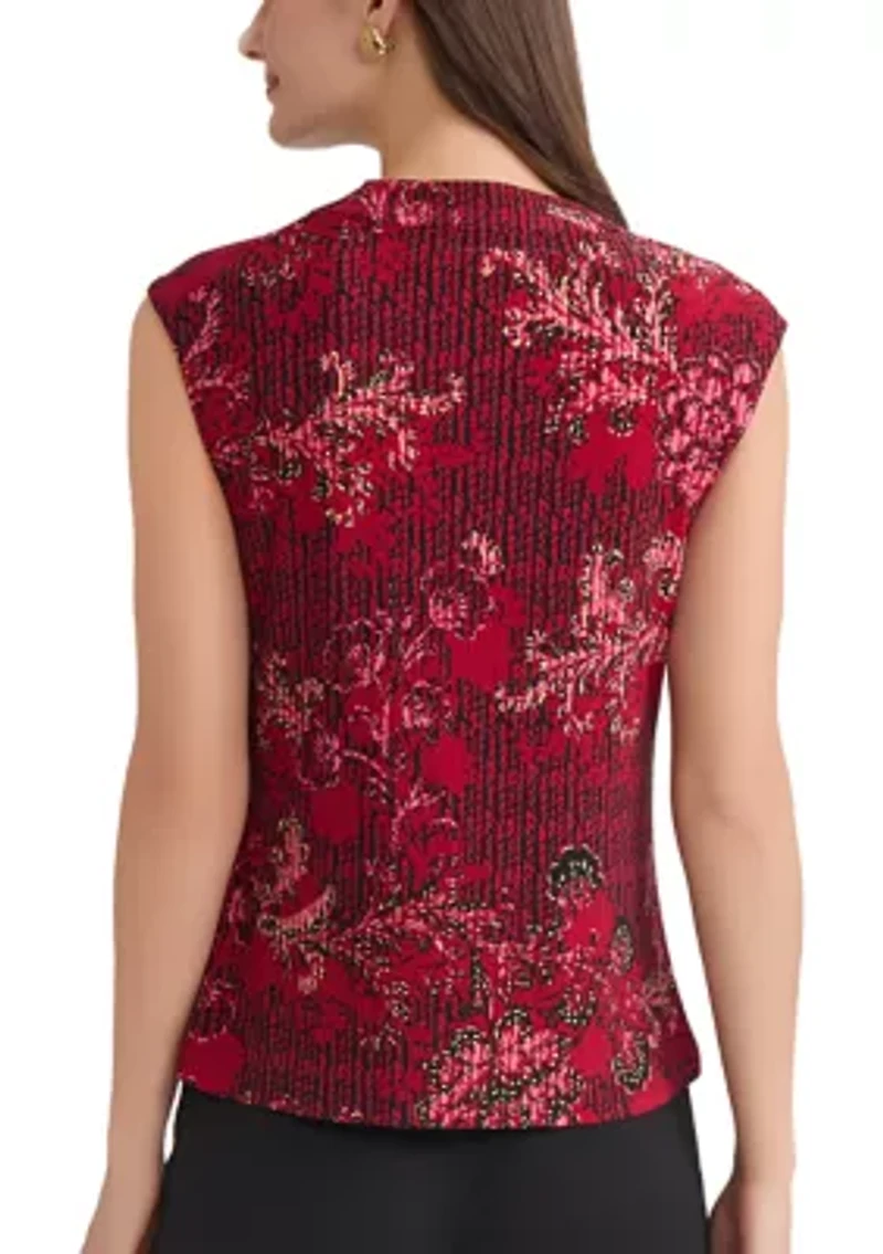 Women's Floral Print Cowl Neck Cap Sleeve Knit Top
