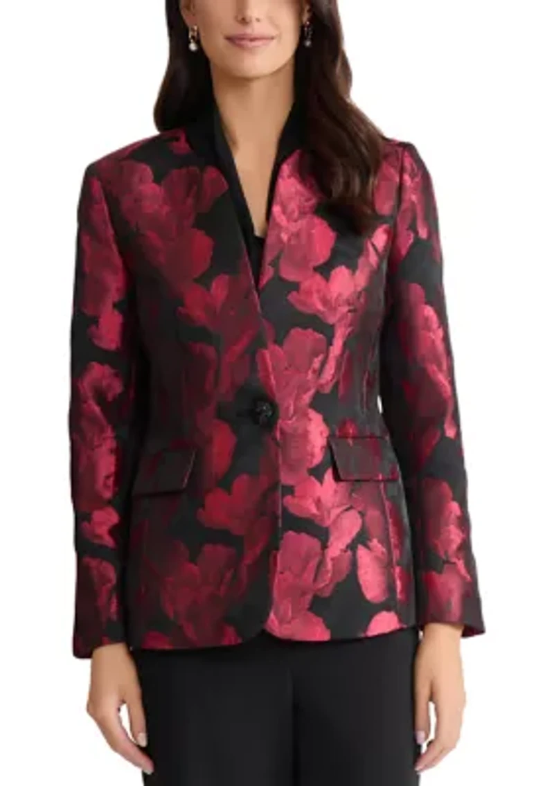 Women's Floral Jacquard One Button Collarless Jacket