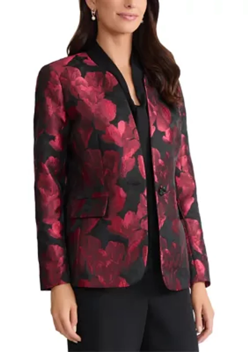 Women's Floral Jacquard One Button Collarless Jacket
