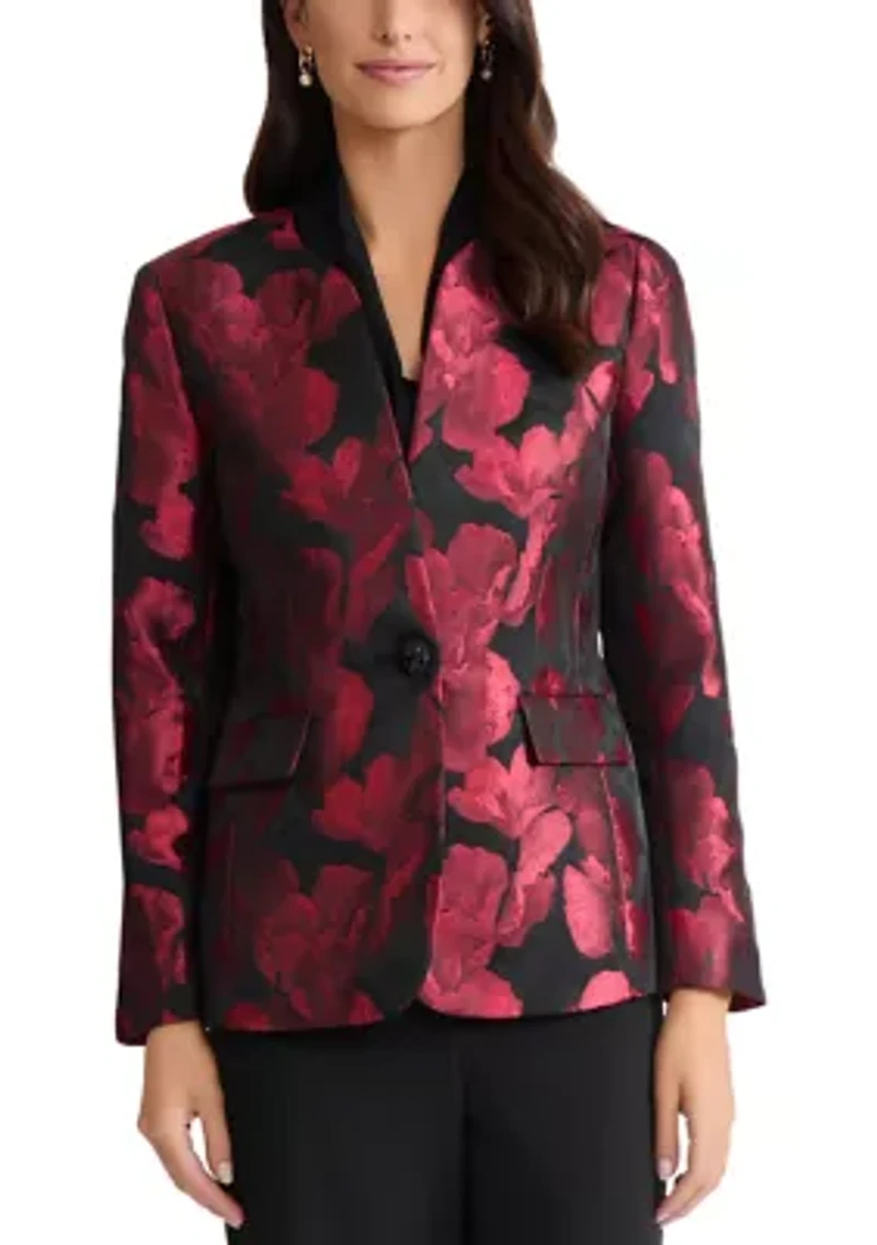 Petite Floral Jacquard One-Button Collarless Jacket