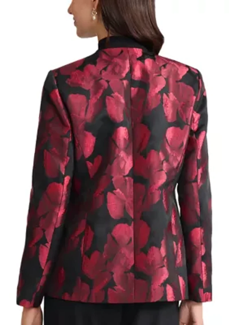 Petite Floral Jacquard One-Button Collarless Jacket