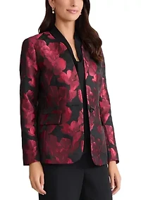 Petite Floral Jacquard One-Button Collarless Jacket