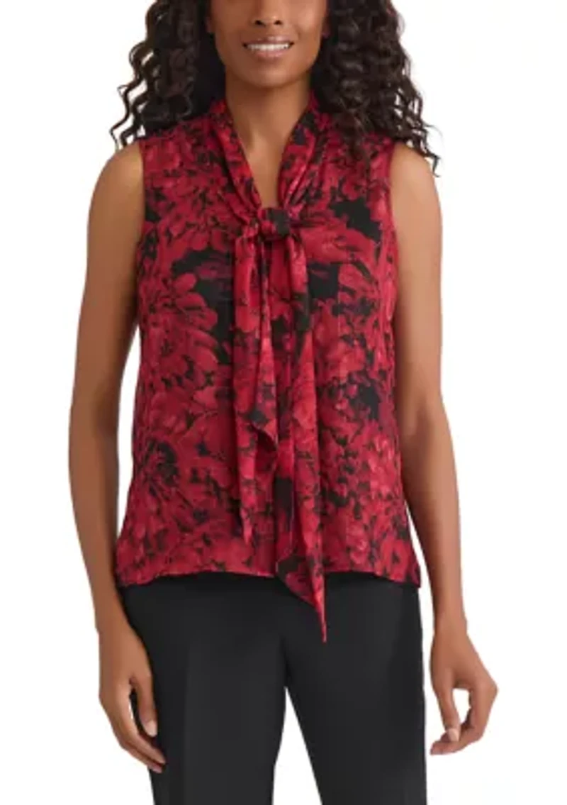 Women's Floral Print Sleeveless Tie Neck Blouse