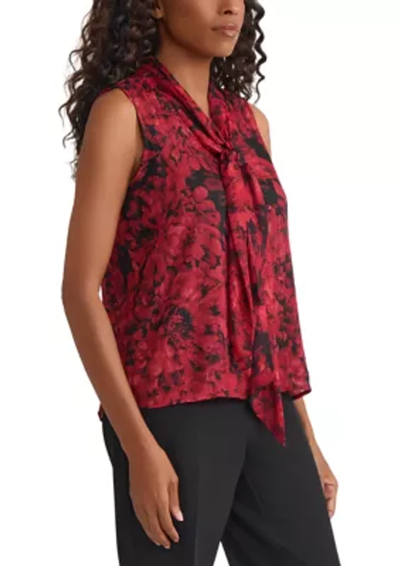 Women's Floral Print Sleeveless Tie Neck Blouse