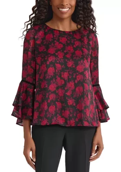 Women's Floral Print Flutter Sleeve Blouse with Velvet Trim