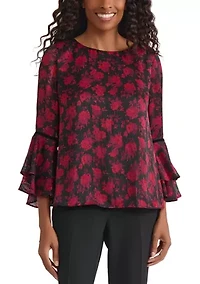Women's Floral Print Flutter Sleeve Blouse with Velvet Trim