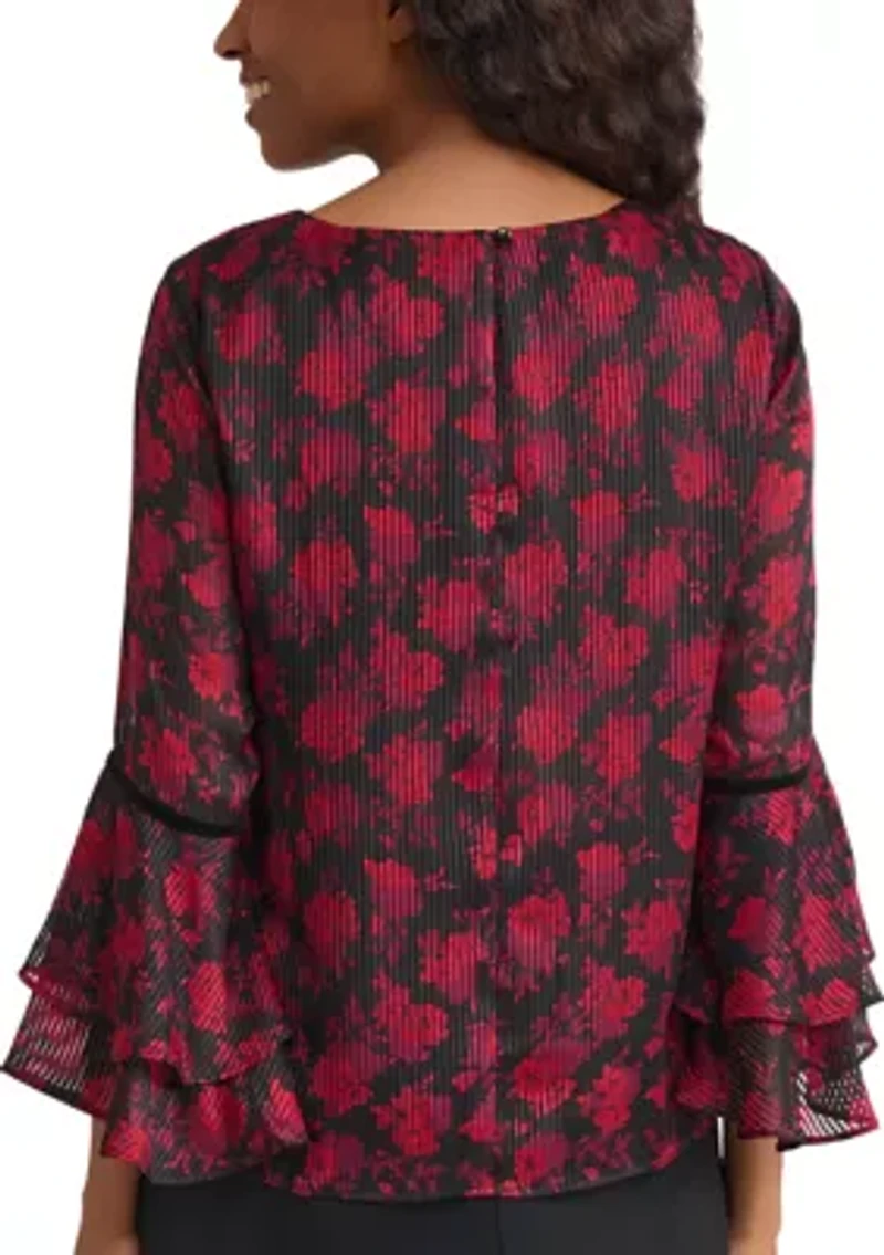 Women's Floral Print Flutter Sleeve Blouse with Velvet Trim