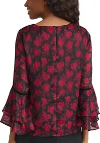 Women's Floral Print Flutter Sleeve Blouse with Velvet Trim