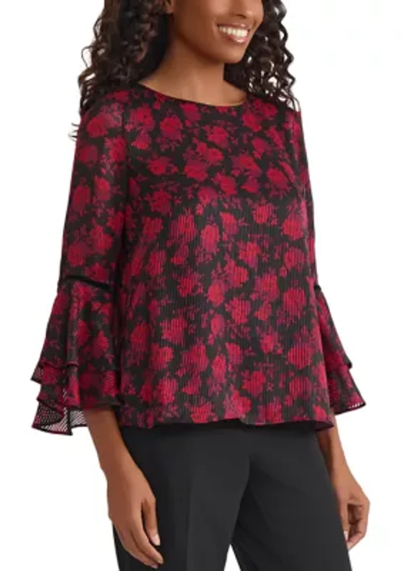 Women's Floral Print Flutter Sleeve Blouse with Velvet Trim