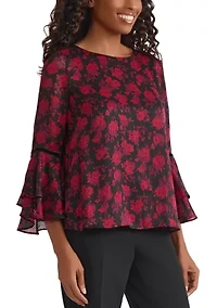 Women's Floral Print Flutter Sleeve Blouse with Velvet Trim