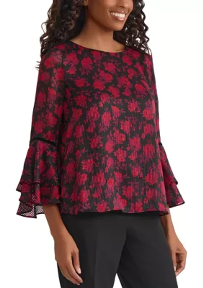 Petite Floral Print Flutter Sleeve Blosue with Velvet Trim