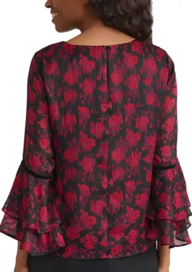Petite Floral Print Flutter Sleeve Blosue with Velvet Trim