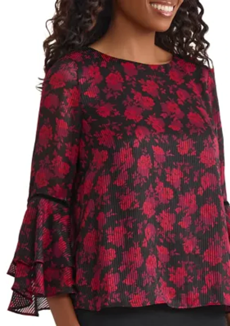 Petite Floral Print Flutter Sleeve Blosue with Velvet Trim