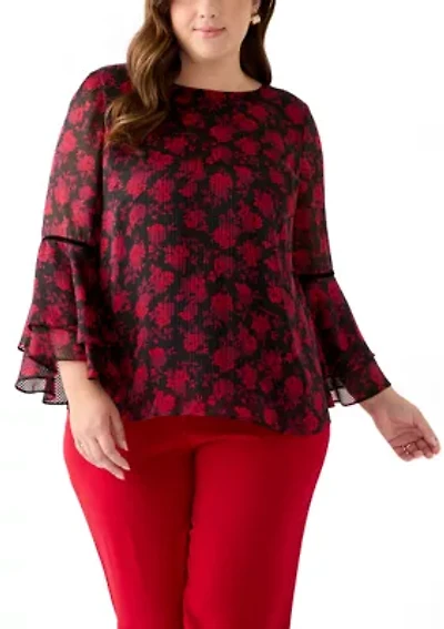 Plus Floral Print Flutter Sleeve Blouse with Velvet Trim