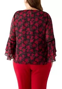 Plus Floral Print Flutter Sleeve Blouse with Velvet Trim