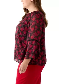 Plus Floral Print Flutter Sleeve Blouse with Velvet Trim
