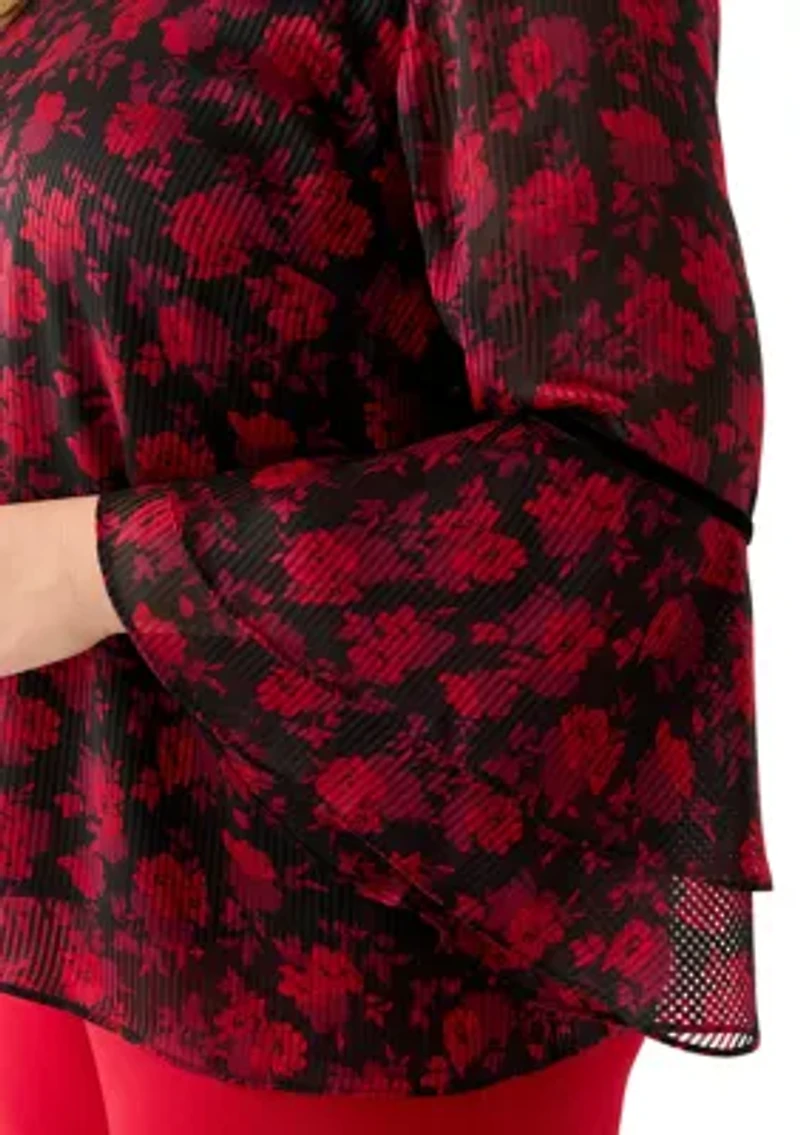 Plus Floral Print Flutter Sleeve Blouse with Velvet Trim
