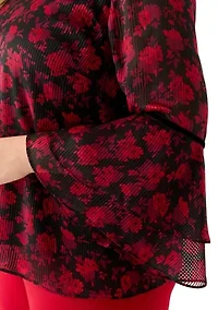 Plus Floral Print Flutter Sleeve Blouse with Velvet Trim