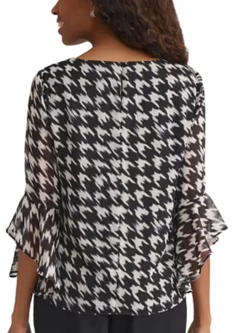 Women's Houndstooth Print Ruffle Sleeve Blouse