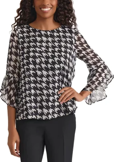 Petite Houndstooth Print Ruffle Sleeve Blouse