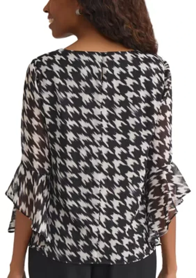 Petite Houndstooth Print Ruffle Sleeve Blouse