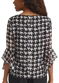 Petite Houndstooth Print Ruffle Sleeve Blouse