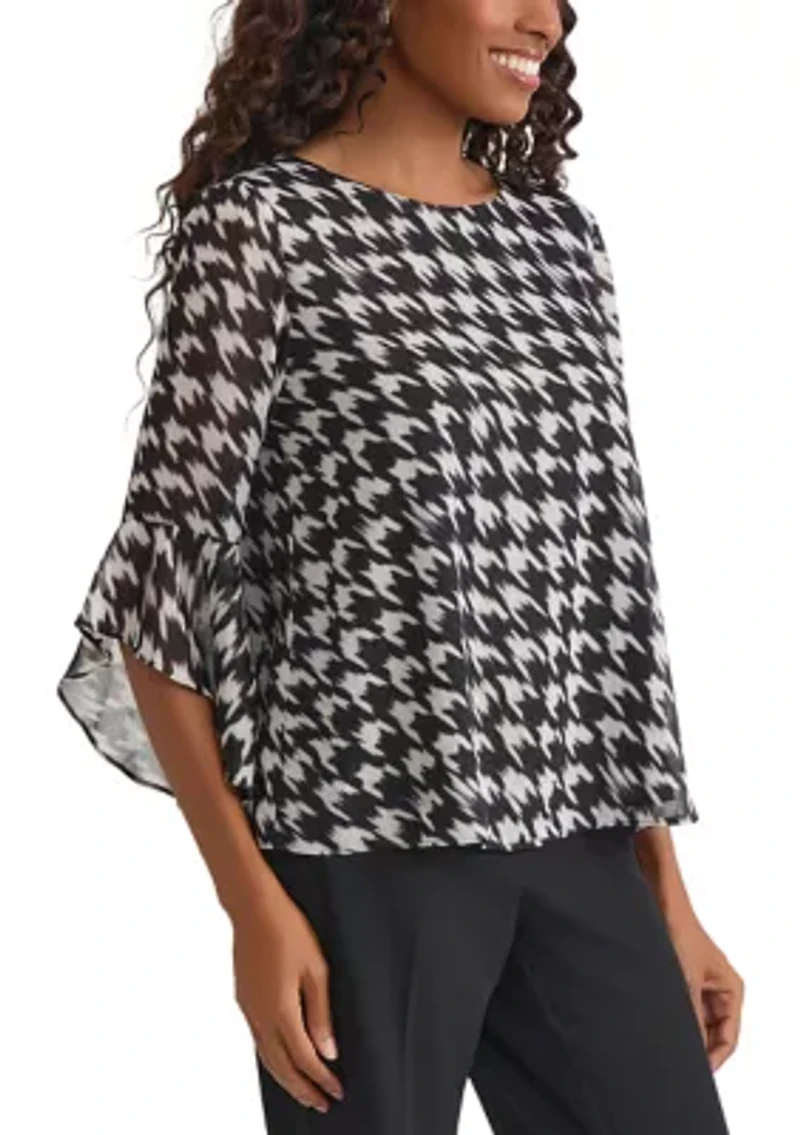 Petite Houndstooth Print Ruffle Sleeve Blouse