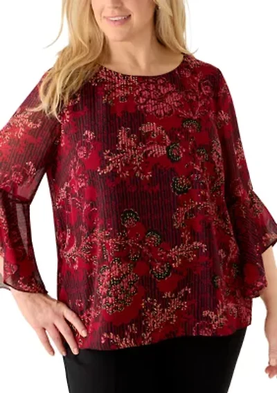 Plus Floral Print Ruffle Sleeve Blouse