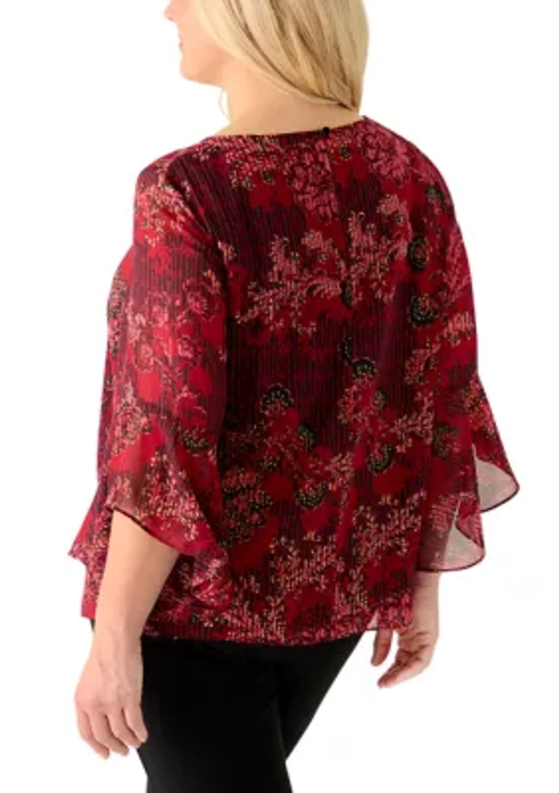 Plus Floral Print Ruffle Sleeve Blouse
