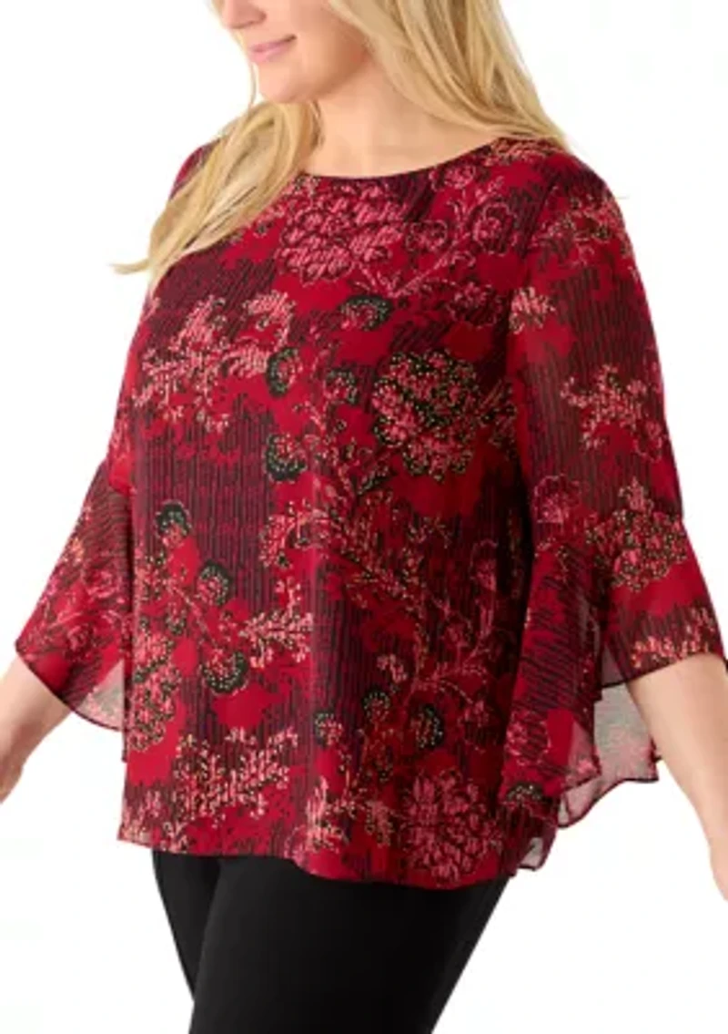 Plus Floral Print Ruffle Sleeve Blouse