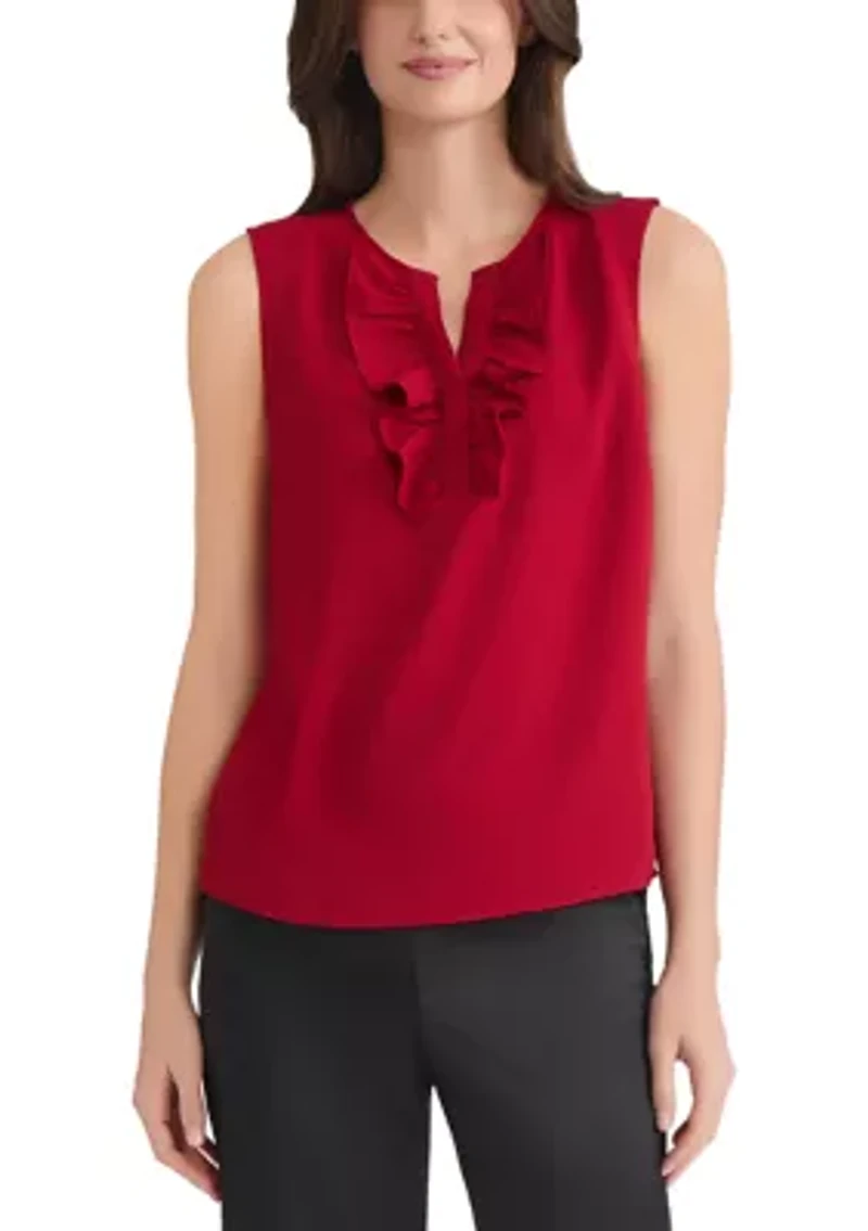Women's Sleeveless Split Neck Blouse with Ruffle