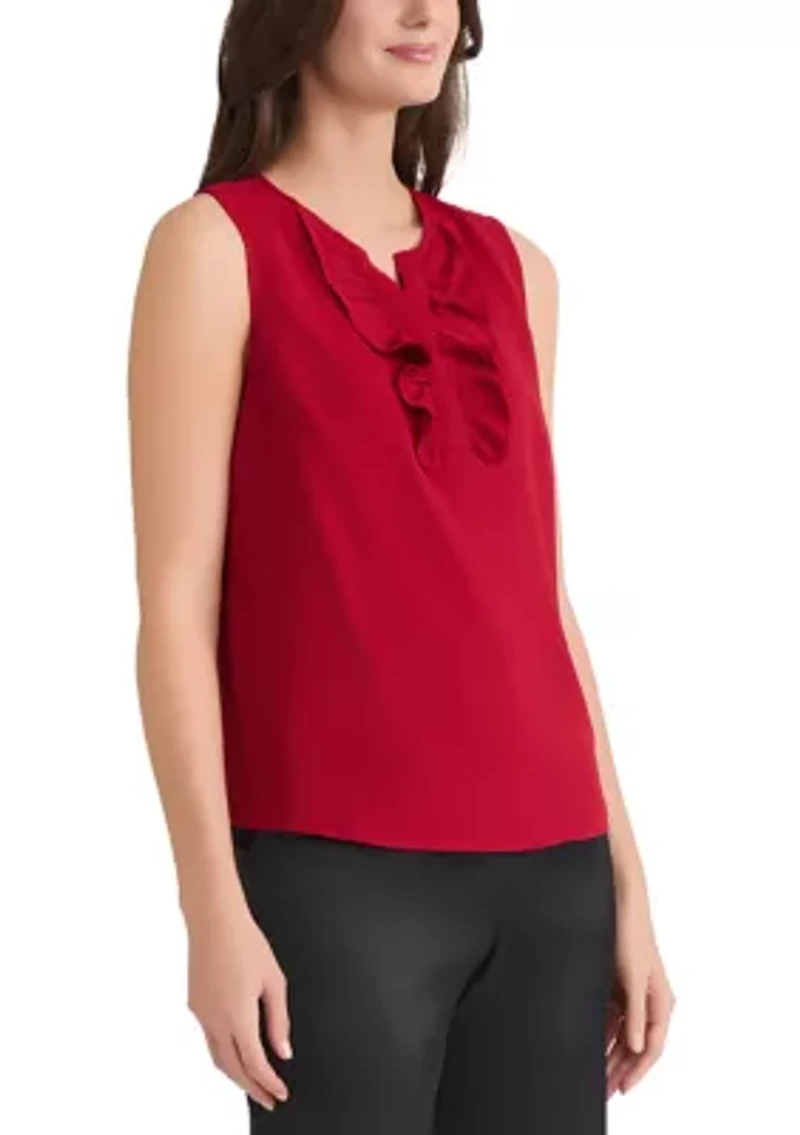 Women's Sleeveless Split Neck Blouse with Ruffle