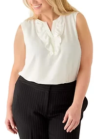 Plus Sleeveless Split Neck Blouse with Ruffles