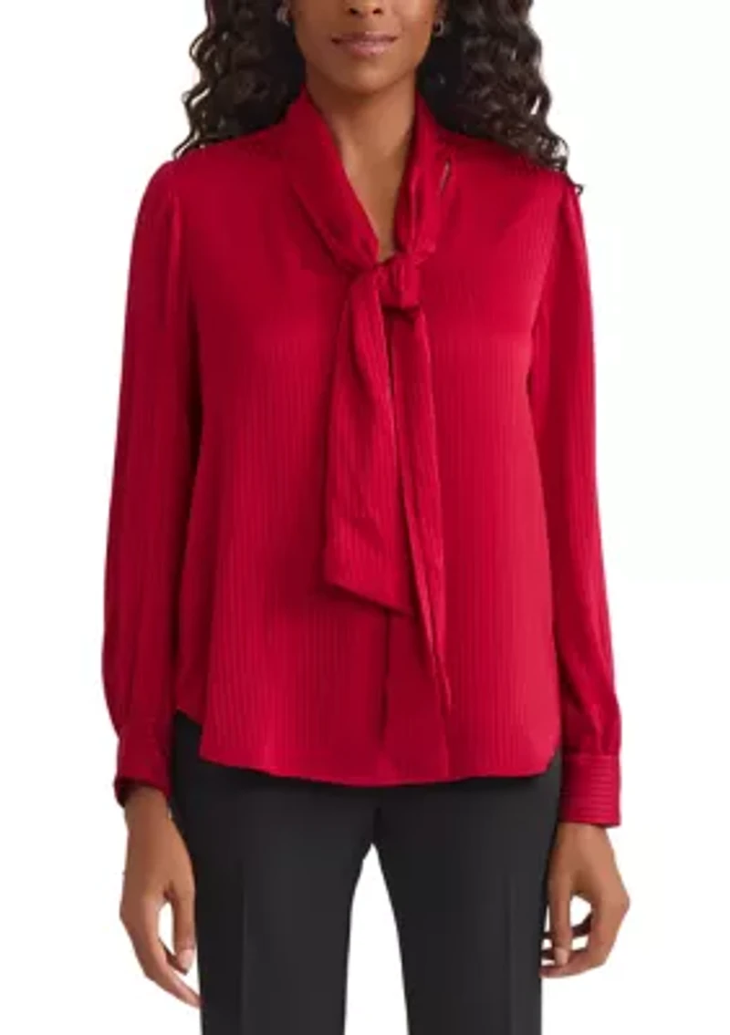Women's Satin Stripe Long Sleeve Bow Blouse