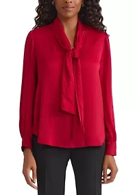 Women's Satin Stripe Long Sleeve Bow Blouse