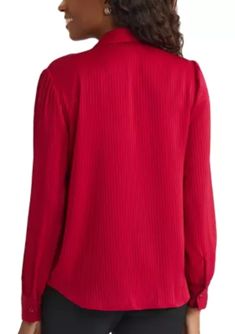 Women's Satin Stripe Long Sleeve Bow Blouse