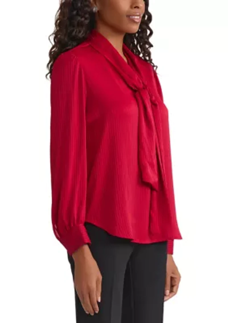 Women's Satin Stripe Long Sleeve Bow Blouse