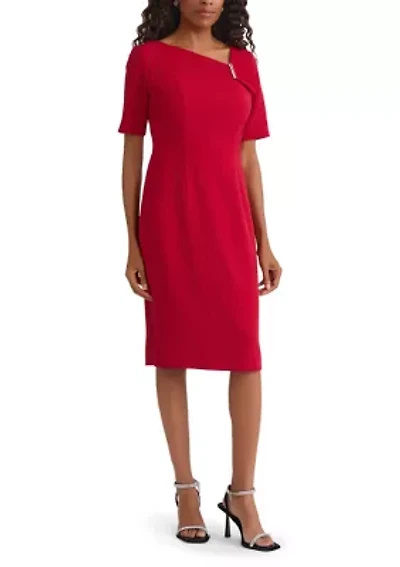 Petite Stretch Crepe Elbow Sleeve Dress with Embellishment