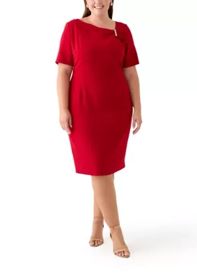 Plus Stretch Crepe Elbow Sleeve Dress with Embellishment