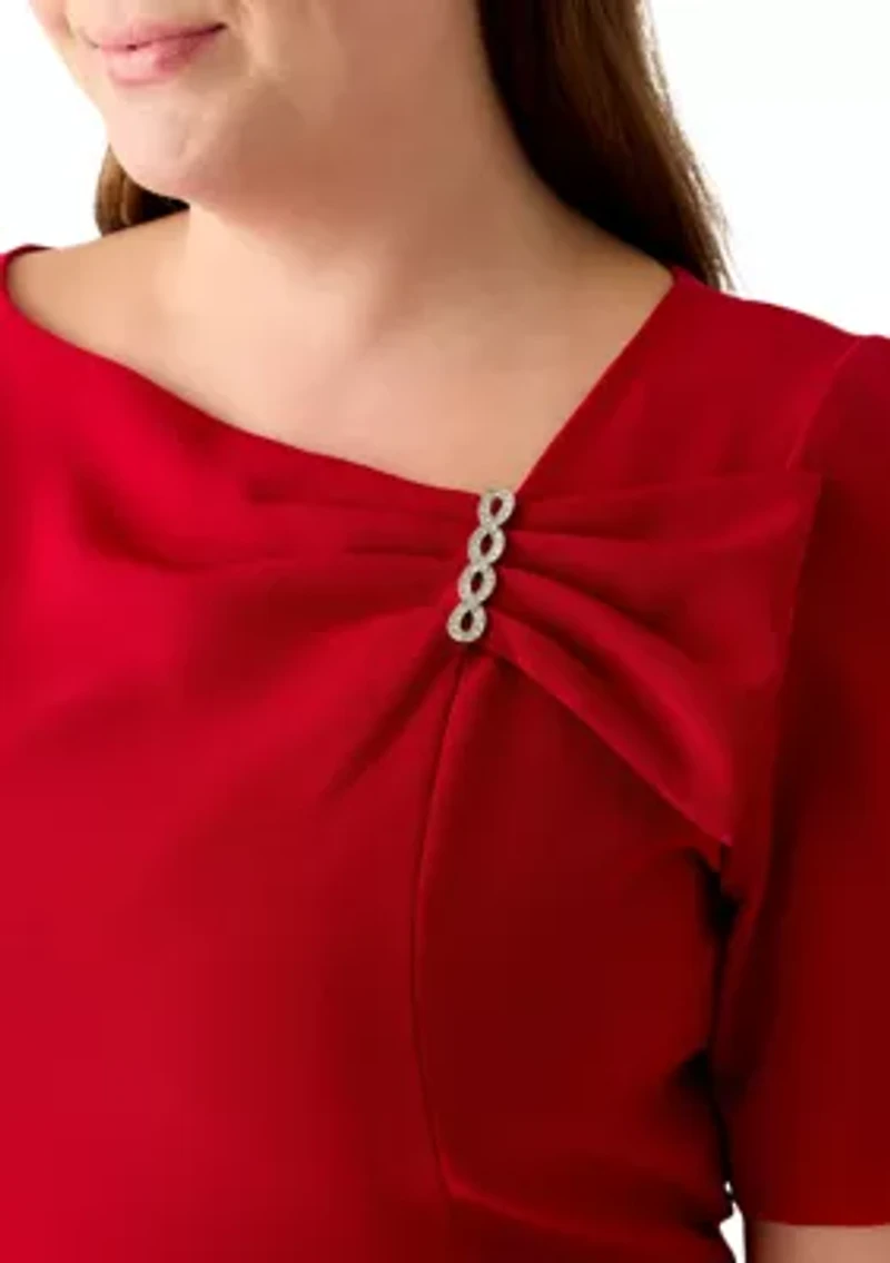 Plus Stretch Crepe Elbow Sleeve Dress with Embellishment