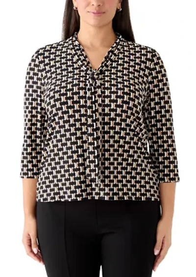 Women's 3/4 Sleeve Tie Neck Geometric Print Top