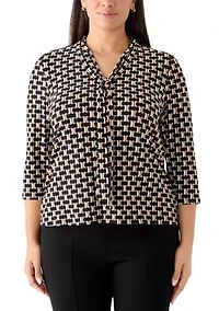 Women's 3/4 Sleeve Tie Neck Geometric Print Top