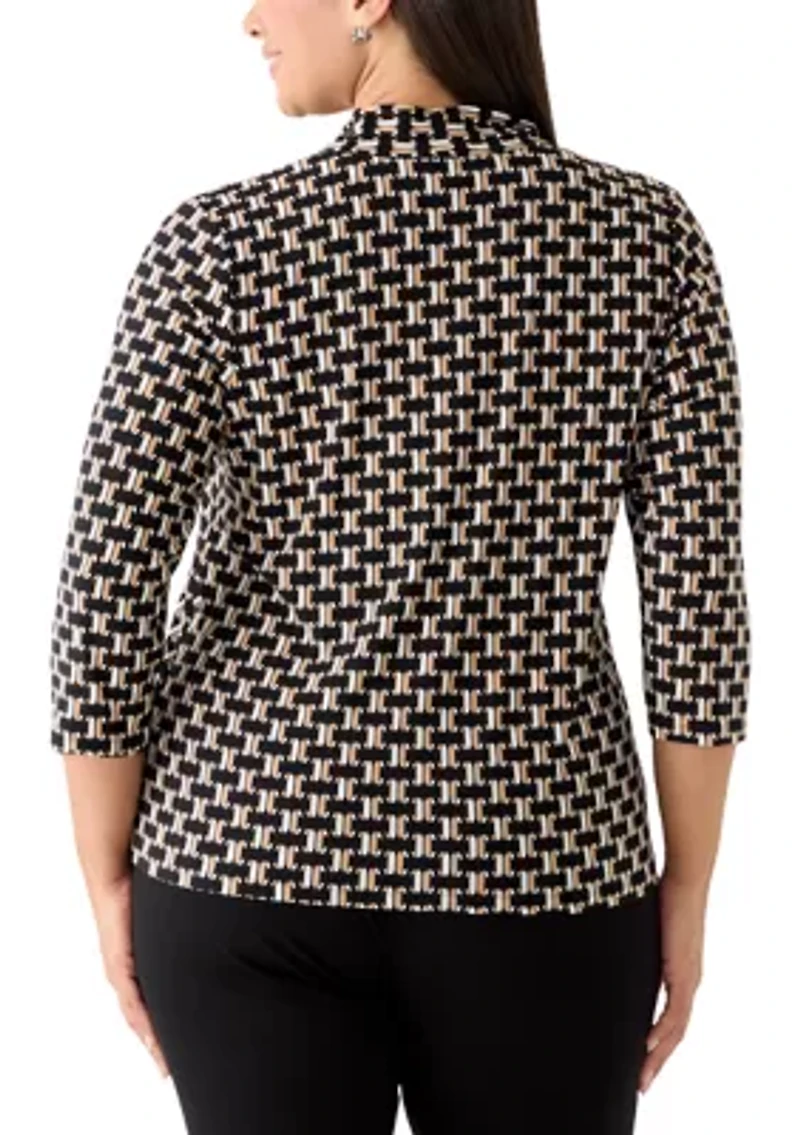 Women's 3/4 Sleeve Tie Neck Geometric Print Top