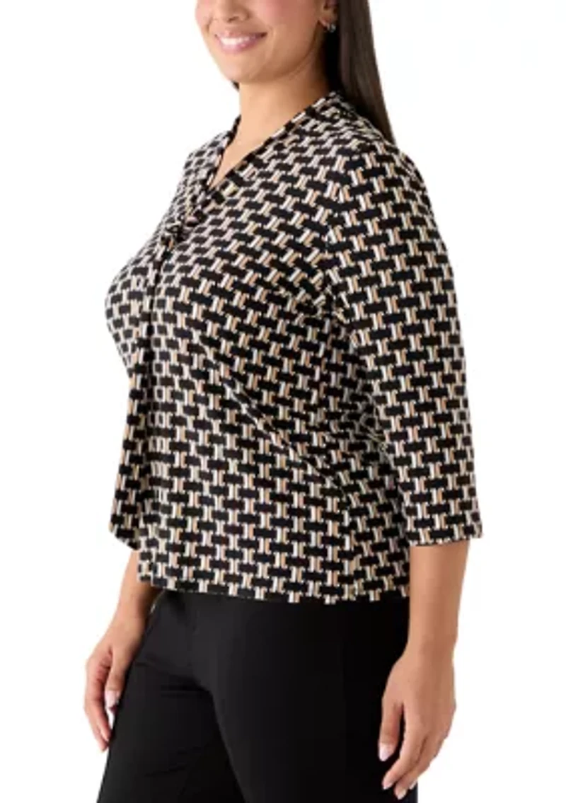 Women's 3/4 Sleeve Tie Neck Geometric Print Top