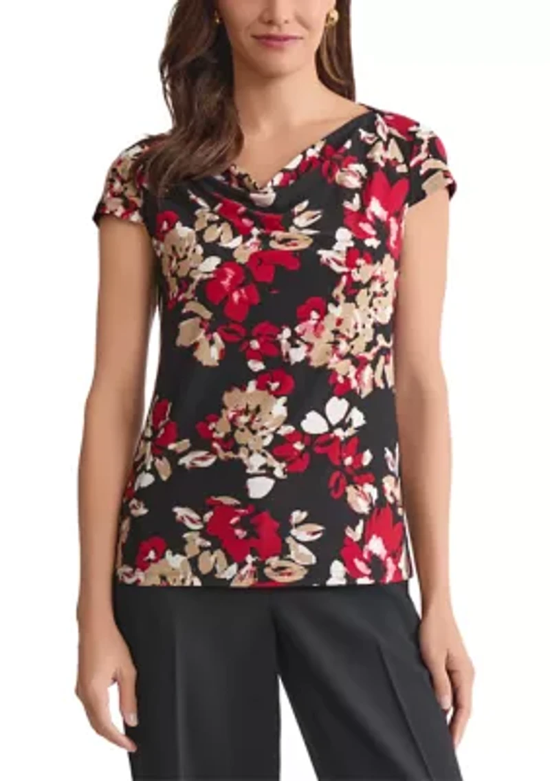 Women's Floral Print Cap Sleeve Cowl Neck Knit Top
