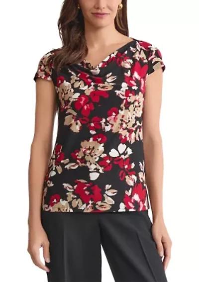 Women's Floral Print Cap Sleeve Cowl Neck Knit Top